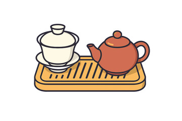 Traditional Chinese tea ceremony set with a terracotta teapot and white gaiwan on a slatted wooden tray