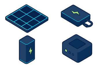Isometric renewable energy icons set featuring solar panel battery and power station