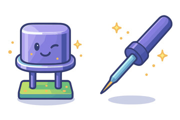 Cute winking electronic component character standing next to a soldering iron tip tool