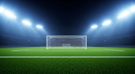 Fototapeta premium Empty Soccer Goal and Field Under Bright Stadium Lights at Night football