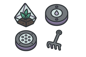 Gardening and nature sticker icons featuring a terrarium, water gauge, sprinkler head, and small rake tool