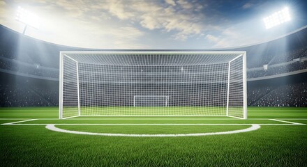 Fototapeta premium Empty Soccer Goal on a Lush Green Field Under Stadium Lights with Cloudy Sky football
