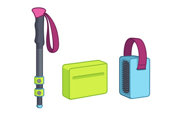 Colorful set of outdoor and fitness equipment including a trekking pole and cleaning brush