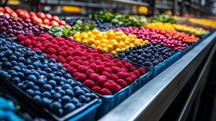 Baskets filled with an assortment of colorful berries and fruits create a lively market atmosphere, enticing shoppers