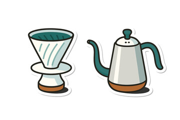 Manual coffee brewing equipment sticker set featuring dripper and gooseneck kettle