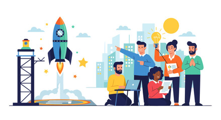 A diverse team of professionals celebrates the successful launch of a rocket, symbolizing business growth and innovation.