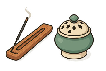 Aromatic incense stick burning in wooden holder next to ceramic censer