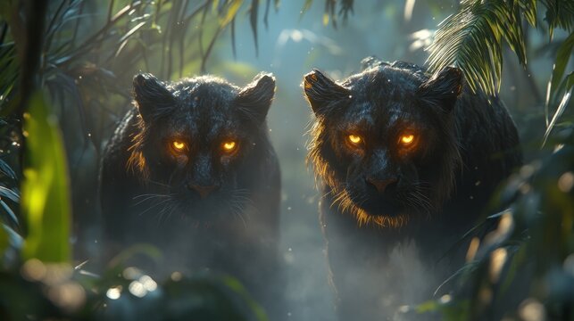 Two majestic black panthers emerge from the dense greenery, their eyes glowing like amber in the twilight of the jungle