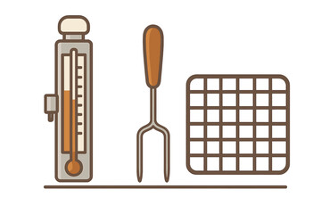 Set of essential barbecue tools including thermometer, fork, and grilling basket