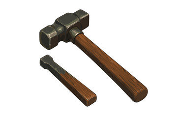 Heavy duty sledgehammer and metal chisel with wooden handles isolated on white background