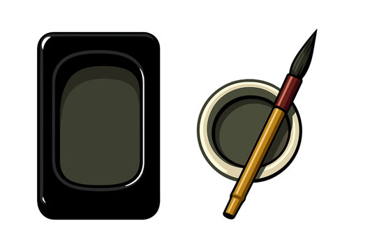 Traditional Asian calligraphy tools including anstone, a fine brush, and an ink pot setup