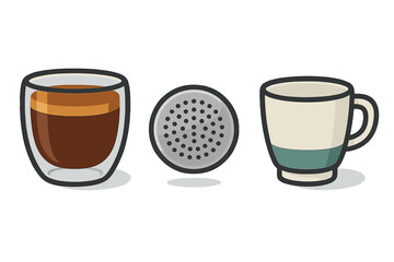 Set of coffee brewing and serving elements including espresso cup, filter screen, and ceramic mug