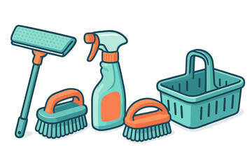 Essential household cleaning equipment set featuring brushes, spray bottle, squeegee, and supply caddy