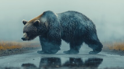 Obraz premium A grizzly bear wanders along a damp trail, surrounded by mist and tranquility of nature