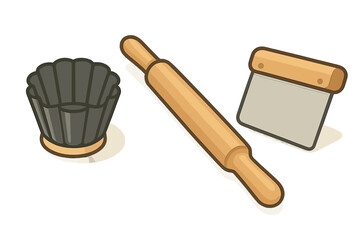 Essential kitchen equipment for baking pastry including a rolling pin and dough scraper