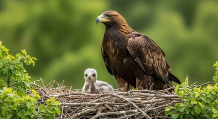 Obraz premium Golden eagle mother with her chick in the nest on a sunny spring day