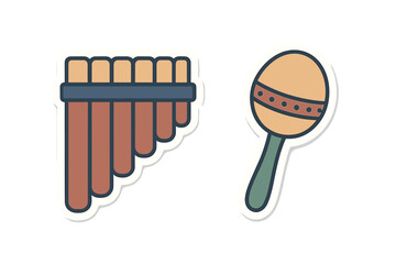 Naklejka premium Stylized sticker icons of a pan flute and maraca representing traditional music and rhythm