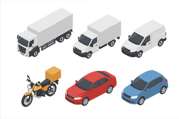 Isometric collection of delivery and passenger vehicles trucks van motorcycle sedan hatchback © icon_art