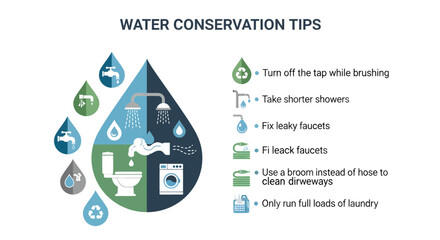 Infographic illustrating various water conservation tips for everyday life, emphasizing saving water at home and outdoors.