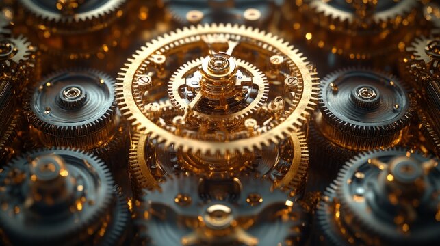 Golden gears interconnect flawlessly, illustrating precise mechanics and timeless craftsmanship