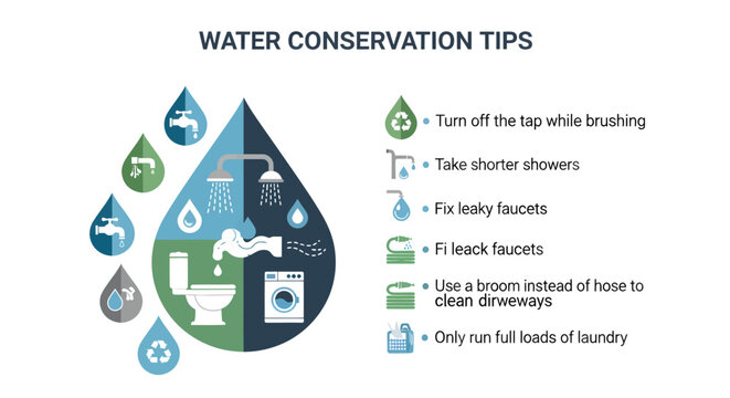 Infographic illustrating various water conservation tips for everyday life, emphasizing saving water at home and outdoors.