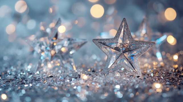2026 banner. Shiny gold, ice stars and beautiful bokeh on a blue background. Happy New Year and Merry Christmas.