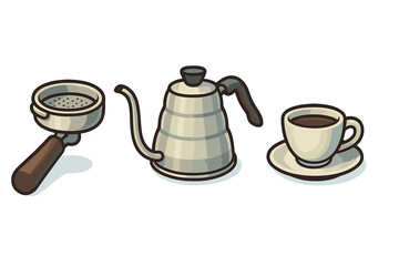 Essential coffee brewing equipment set featuring a portafilter, pour-over kettle, and a fresh cup of espresso