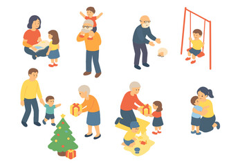 Multigenerational family enjoying various activities together including grandparents and children