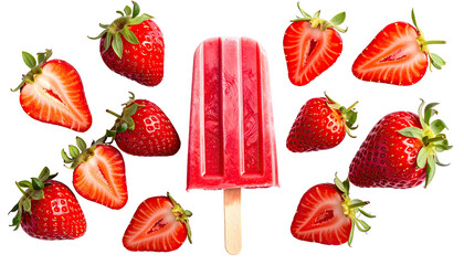 Red popsicle surrounded by fresh, ripe strawberries