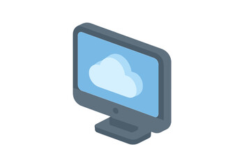 Isometric computer monitor screen with cloud symbol for data storage and network