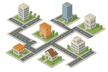 Isometric city layout with residential and commercial buildings connected by streets and intersections