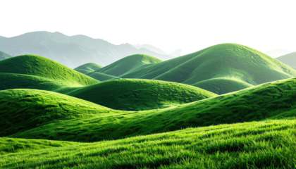 Verdant, rolling hills landscape under a hazy sky