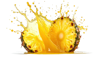 Sliced pineapple splashes juice, highlighted on a dark background