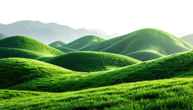 Verdant, rolling hills landscape under a hazy sky