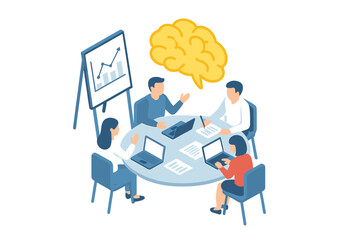 Corporate team collaboration around a round table discussing strategy and creative thinking