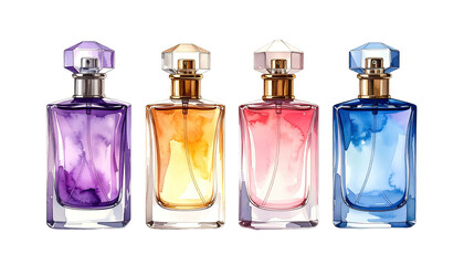 Watercolor perfume bottles, purple, orange, pink, and blue hues