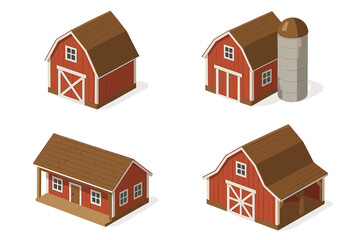 Isometric red farm buildings set including traditional barns, farmhouse, and silo © icon_art