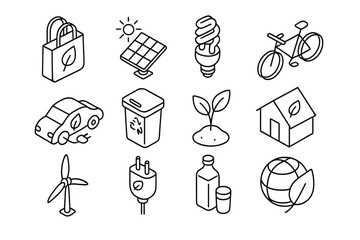 Isometric outline icons set for eco-friendly living and environmental conservation