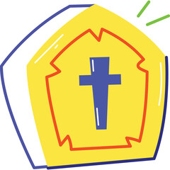 Stylized Blue Christian Cross Emblem on a Yellow and Blue Shield with Red Outline and Green Rays on a Transparent Background
