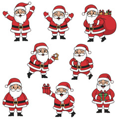 Collection of Happy Santa Claus Figures in Various Poses and Actions, Holding Gifts and Candy Canes, Representing Christmas, Holiday Cheer, and Festive Celebration