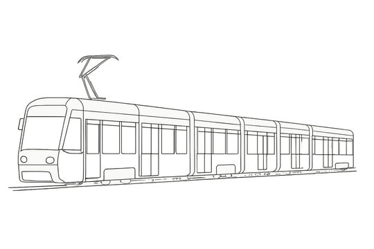 Modern articulated light rail vehicle outline drawing on tracks