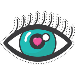 Stylized Blue Eye with Pink Heart Iris and Dotted Lashes and Outline on Transparent Background Graphic Illustration