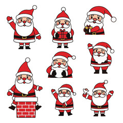Collection of Happy Santa Claus Figures in Various Poses and Actions, Holding Gifts and Candy Canes, Representing Christmas, Holiday Cheer, and Festive Celebration