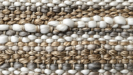 Close up textured woven fabric with neutral tones and raised yarn elements