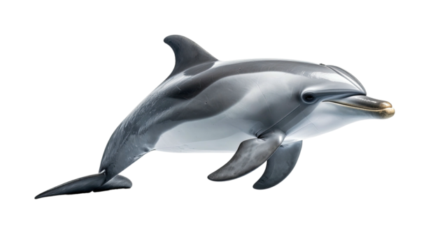 Gray and white dolphin posing; black background provides contrast