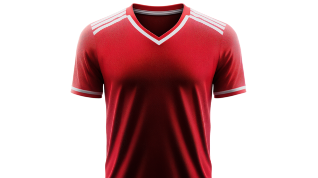 Red sports jersey with white stripes isolated on a transparent background