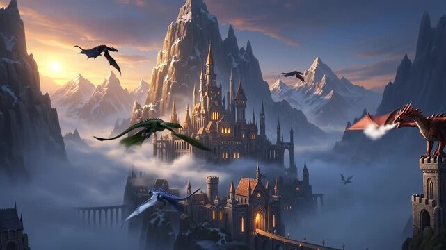 Epic Fantasy Castle with Dragons Flying in a Misty Mountain Landscape.