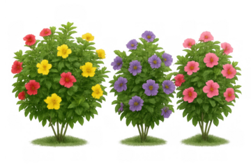 Blooming colorful bushes with red, yellow, pink, and purple flowers on green leaves, transparent background