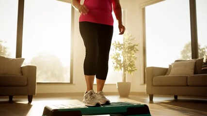 Woman stepping on aerobic stepper, modern living room setting, fitness routine with warm sunlight streaming through windows