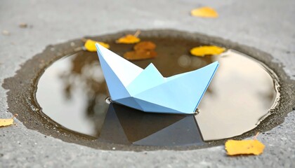 A small, light blue paper boat floating gently in a puddle on the asphalt after a rain shower, with yellow autumn leaves scattered around, symbolizing childhood, dreams, loneliness, and simple fun